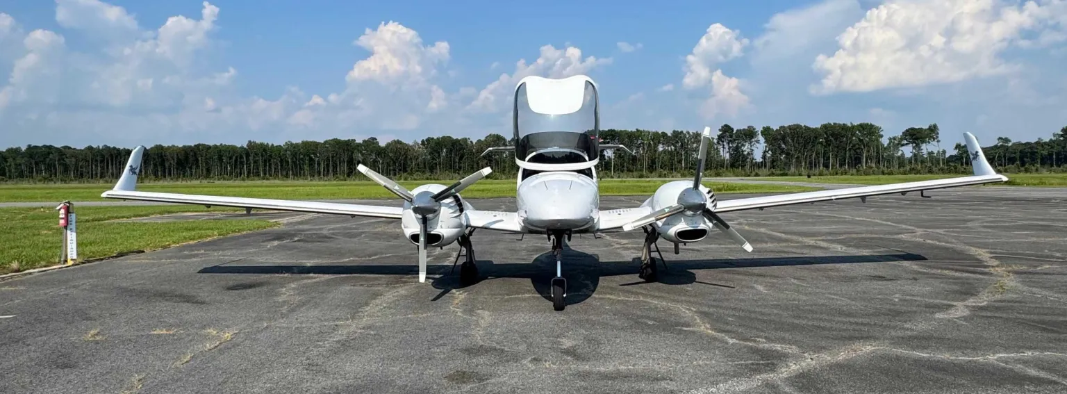 Diamond DA42 twin-engine training aircraft photographed head-on